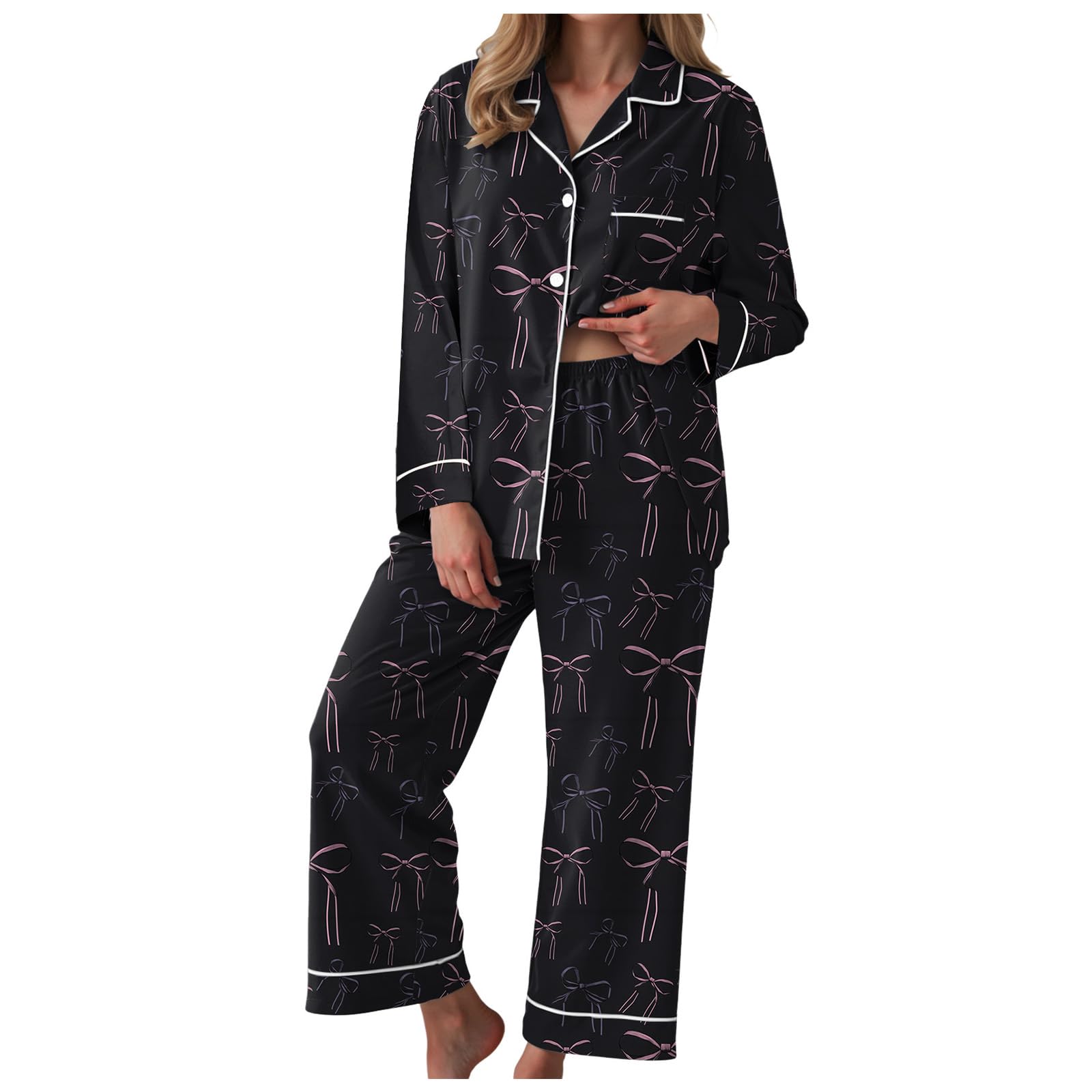 Generisch Schlafanzug Damen Hausanzug Pyjama Zweiteilig Langarm Hose Winter | Kürbis Motiv Geister Druck Thematisches Muster Knopfoberteil Lockere Passform Pyjamaparty Feierlichkeit Outfit