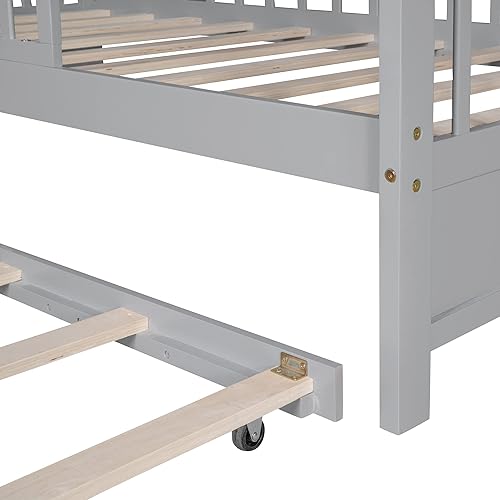 Miniatura 213 de Base de cama de casa de tamaño individual con techo y valla, marco de cama de madera para niños pequeños, adolescentes, niñas, niños, se puede