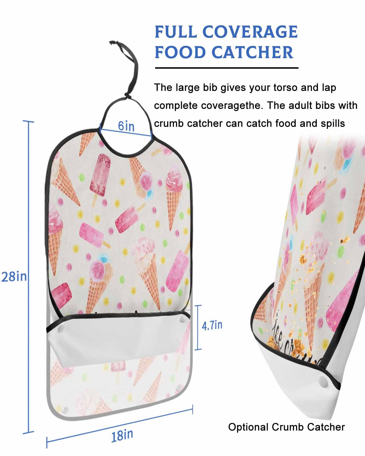 Jolunifun Summer Ice Cream Adult Bib for Adults Men, Women, Watercolor Pink Gradual Dots Washable & Adjustable Terry Cloth Bib with Crumb Catcher Reusable Waterproof Clothing Clothes Protector Apron