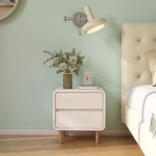 Miniatura 6 de Mesita de noche de madera maciza blanca con 2 cajones, mesita de noche moderna de mediados de siglo, mesita de noche pequeña, mesitas de noche de