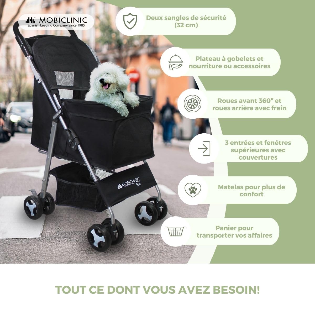 Mobiclinic®, Poussette Buggy Pliable Chien, Les petits et chiens âgés, Zuma, Jusqu'à 15 kg, Roues avec freins à 360°, Panier xxl, 3 fenêtres, Porte-gobelet (noir)