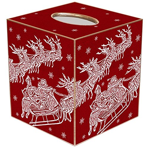 Marye-Kelley Christmas Tissue Box Cover- Santa & Sleigh Dash Away Red