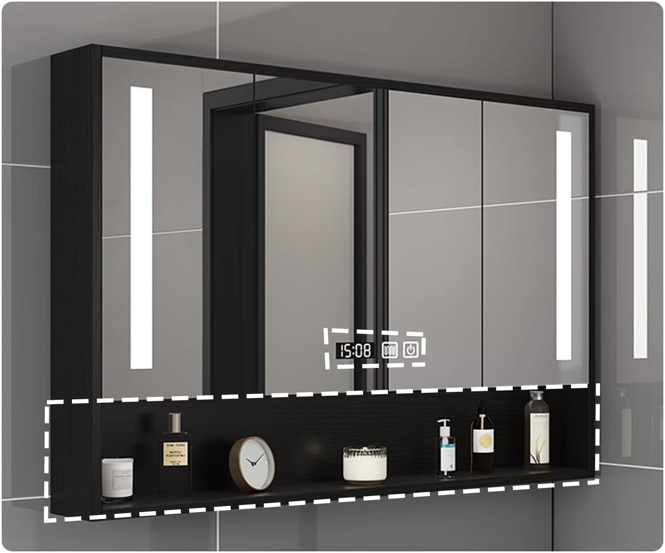QWEASDF Bathroom Mirror Cabinet,Mirror Cabinet for Bathroom,Wall Mounted Bathroom Mirror with Storage, Bottom Open Design, with Tissue Mouth，3 Color Light Makeup Mirror(Black,W70*H75cm/W27.5*H29.5in)