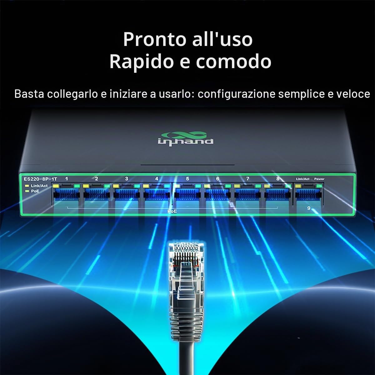 InHand Networks Switch di rete Gigabit,9 Porte Gigabit Porte con 8 PoE+ fino a 120W,ogni porta fino a 30 W,Plug & Play,scatola in metallo ad alta dissipazione del calore con spina di alimentazione EU