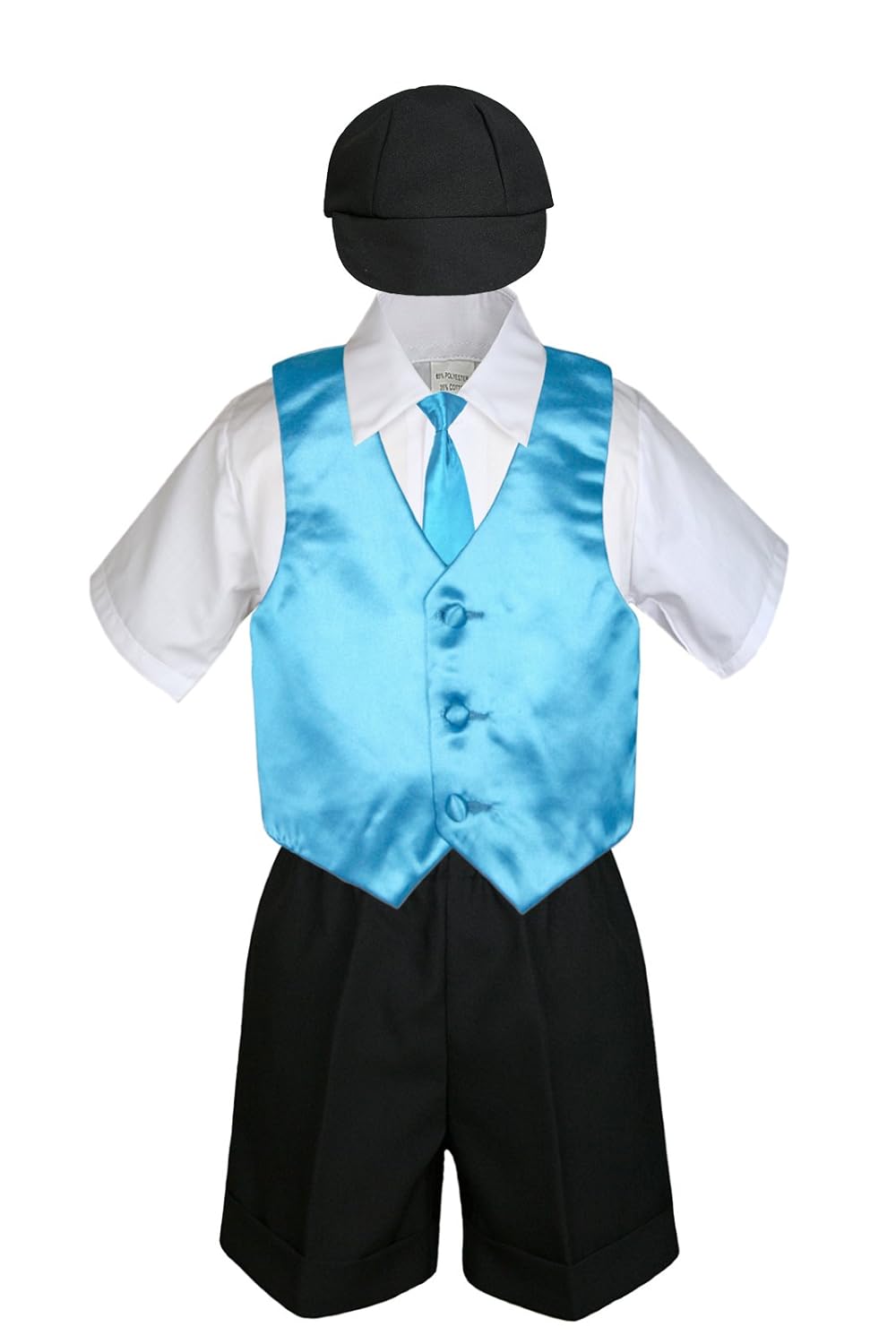 5pc Baby Toddler Boys Black Shorts Hat Turquoise Necktie Vest Suits Set (4T)