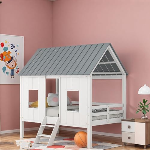 Cama tipo loft de casa de tamaño individual con almacenamiento, marco de cama baja con ventana para niños, plataforma de cama tamaño individual,