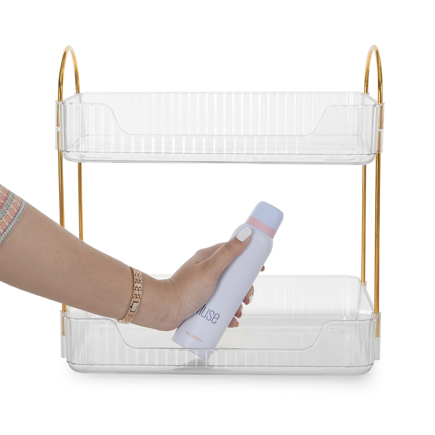 Nayasa Plastic Makeup Organizer Small | Two Tier Vanity Organizer | Make-up, Cosmetic, Jewellery, Skincare Storage Box | Multipurpose Storage Rack| Bathroom, Bedroom, Dressing Table | Transparent 1