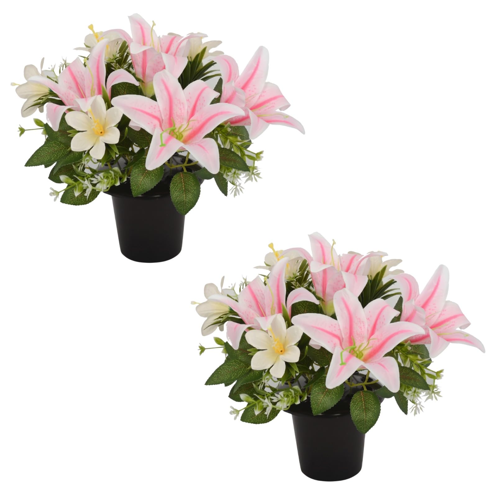 Homesecret Pack 2 Artificial Flowers for Graves in Pots 25cm | Pink Lillies Grave Flower Pots for Christmas | Luxury Memorial Flowers for Graves, Funerals & Lasting Tributes | All Season Displays