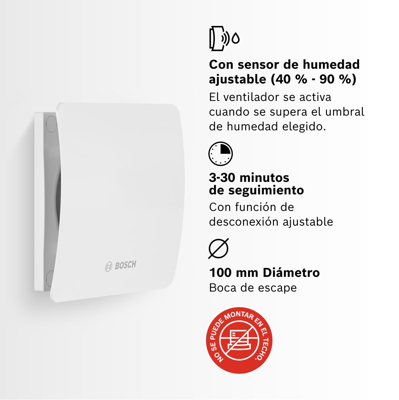 Bosch Extractor de baño 1500 DH 100mm - Para la ventilación en el baño y WC, contra la humedad y el moho - Con higrostato y temporizador - 100 mm de diámetro