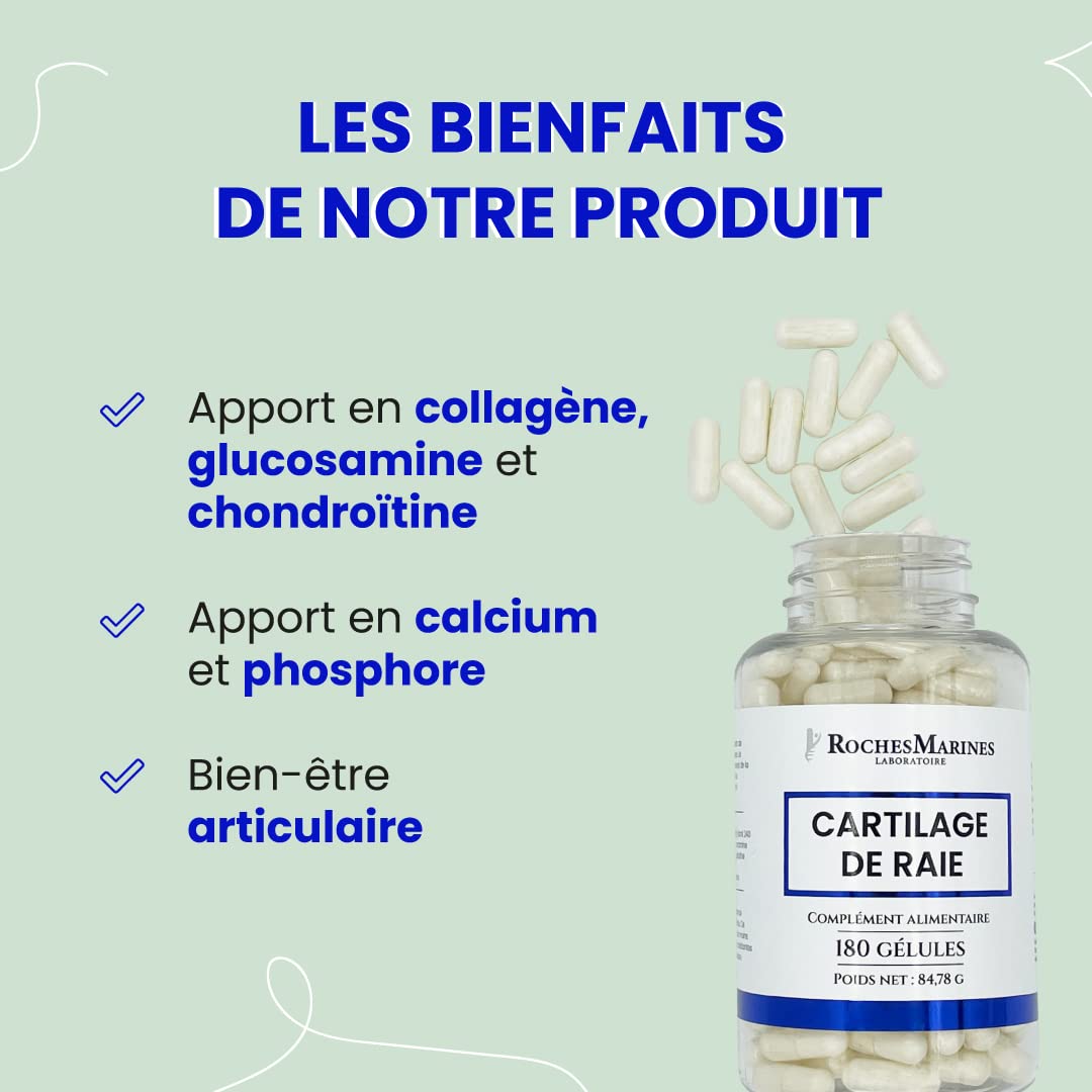Roches Marines - Complément alimentaire Cartilage de raie - Soutien des articulations - Source de calcium, phosphore, collagène, glucosamine, chondroïtine - 180 gélules - Développé en France