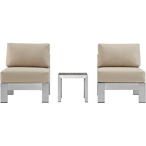 Modway Shore 3-Piece Aluminum Outdoor Patio Furniture Set in Silver Beige