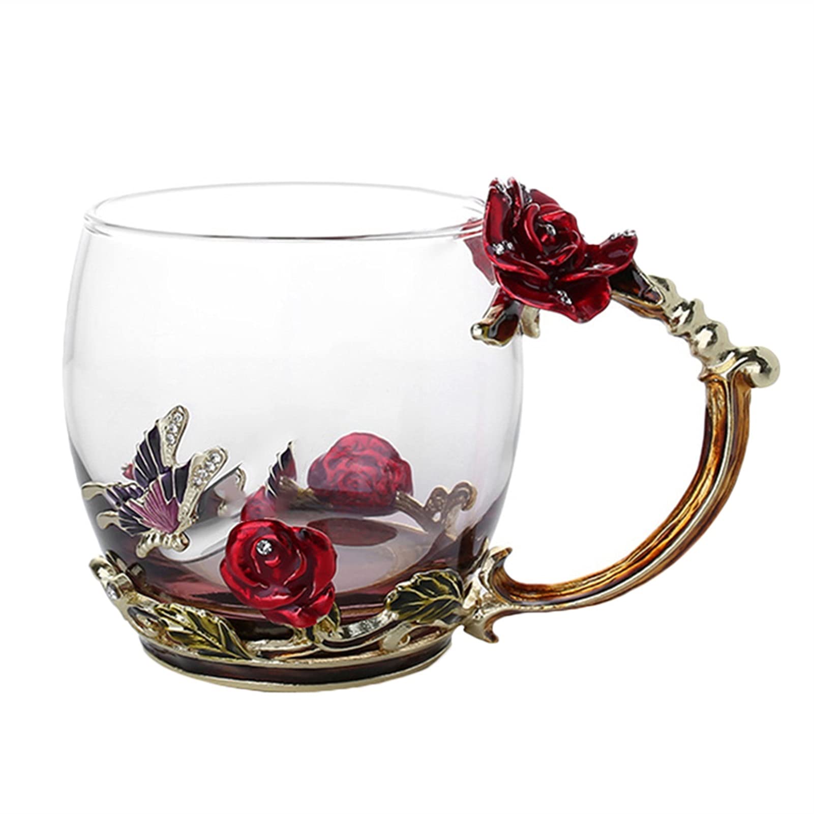 Kaffeetasse Emaille Kaffee Teetasse Becher 3D Rose Butterfly Glas Tassen Hochzeitsgeschenk (Color : Red Short Without sp)