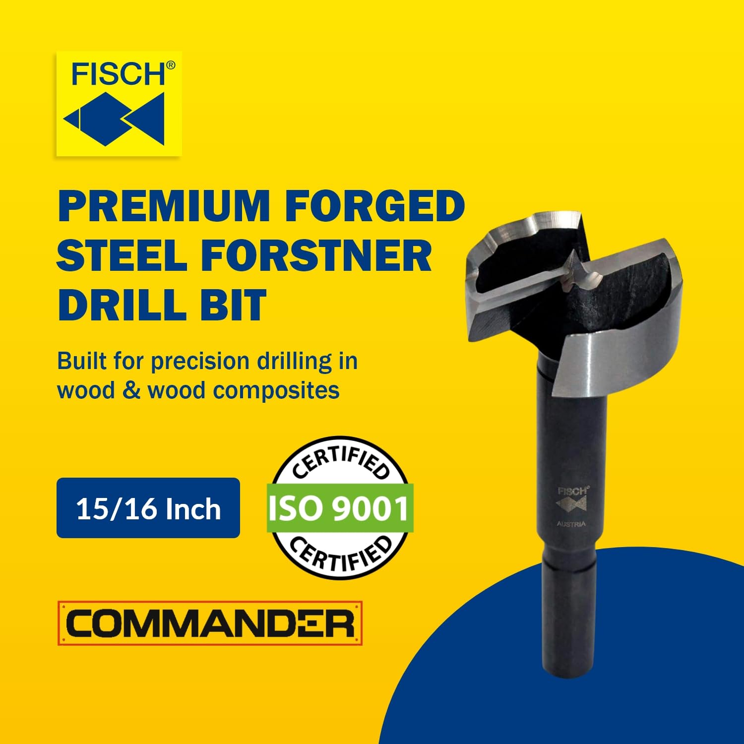 Fisch Black Shark FSA-381044 - Punta per trapano Forstner da 15/16", in acciaio forgiato di alta qualità, per lavorazione del legno, design ad onda di precisione, codolo antiscivolo - FSA-381044