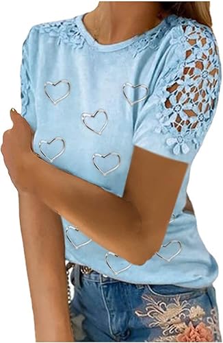 Camisetas de manga corta de encaje para mujer, sexy, elegante, floral, cuello redondo, elegante, casual, ajuste holgado