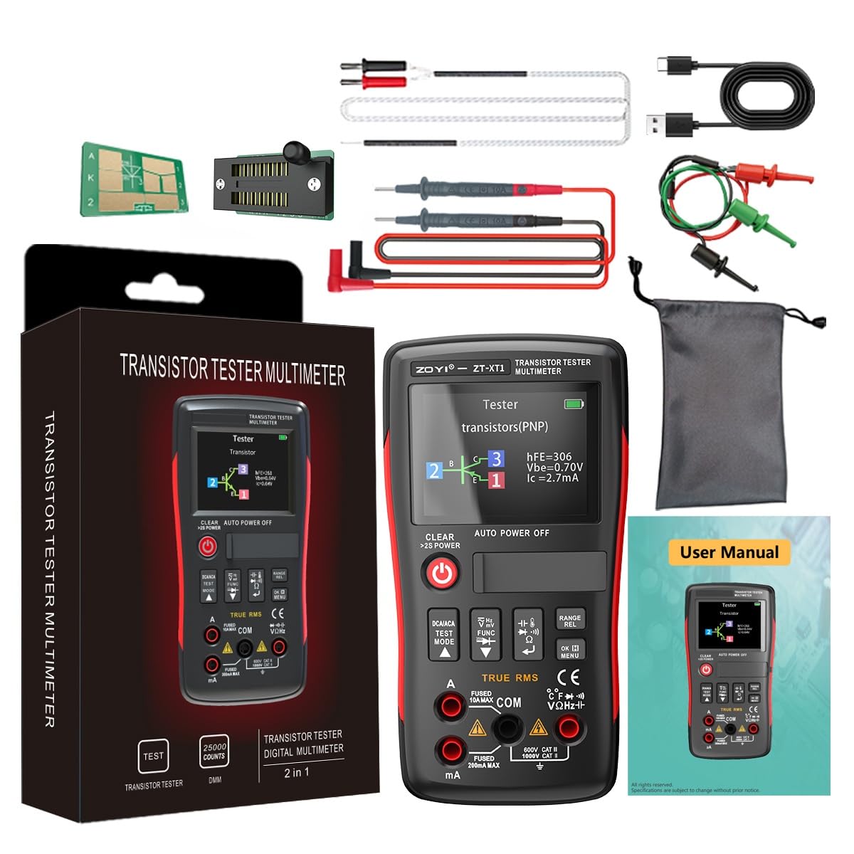 ZOYI ZT-XT1 - Multimetro digitale LCR 2 in 1 e tester transistor, per test di continuità dei diodi di resistenza alla tensione