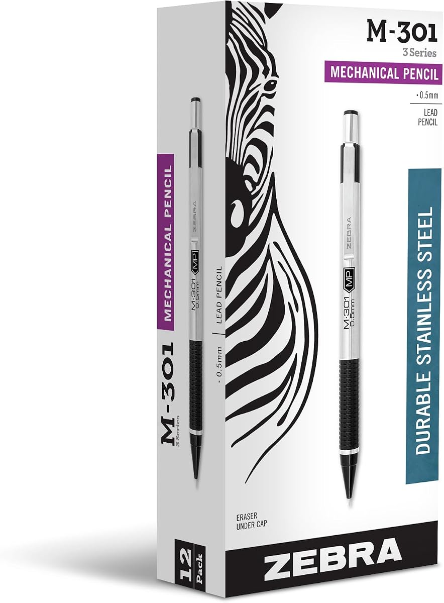 STEEL M-301 Mechanical Pencil, 0.5mm Fine Point, 12-Pack | Stainless Steel Barrel, Textured Grip, Lightweight Design, Built-In-Eraser, Refillable, Office and School Supplies (54010)