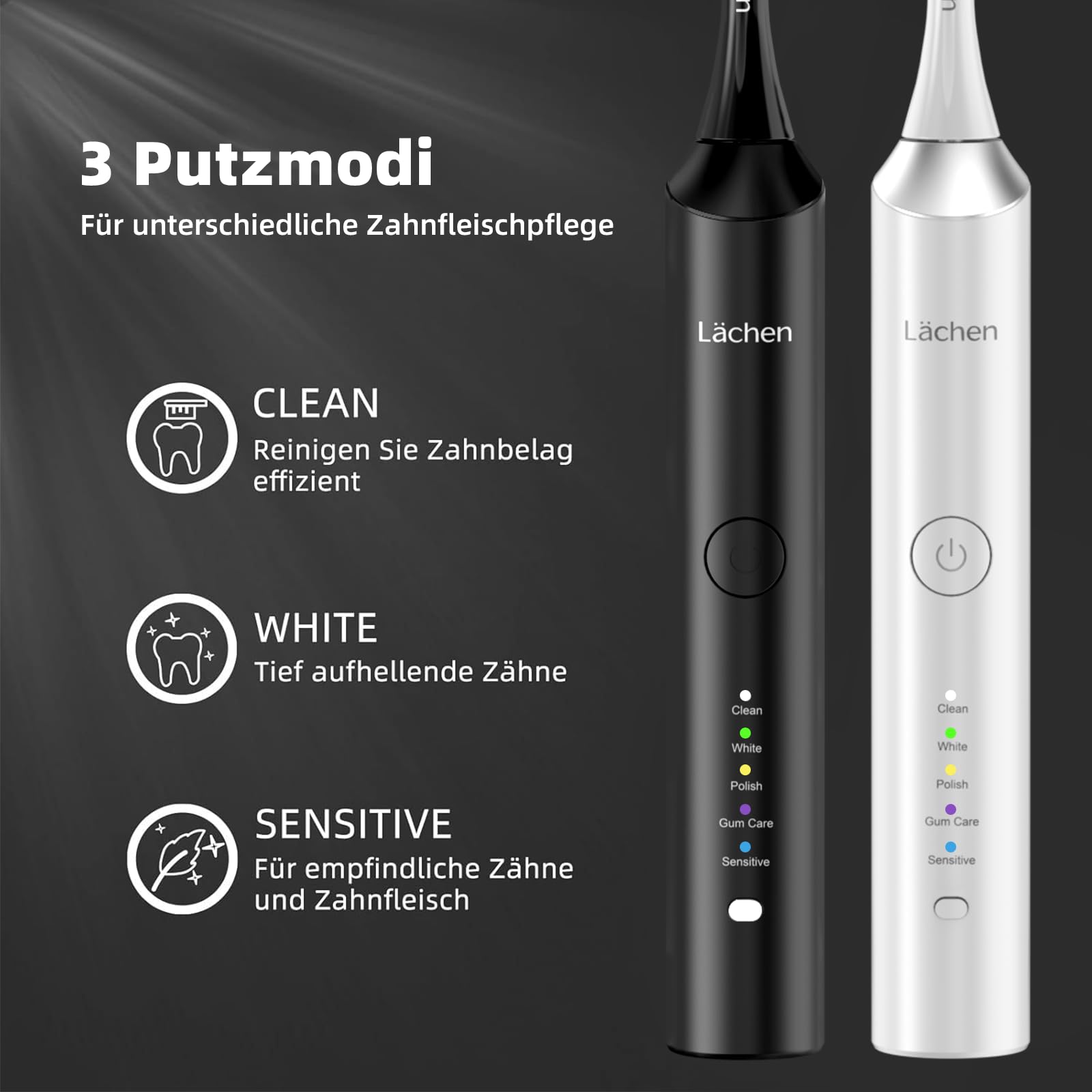 Lächen Elektrische Schallzahnbürste, 5 Modi Elektrische Schallzahnbürste mit Reise-Etui 8 Aufsteckbürsten, USB-Ladung für 60 Tage, Timer, IPX7 Wasserdicht (Weiß & Schwarz)