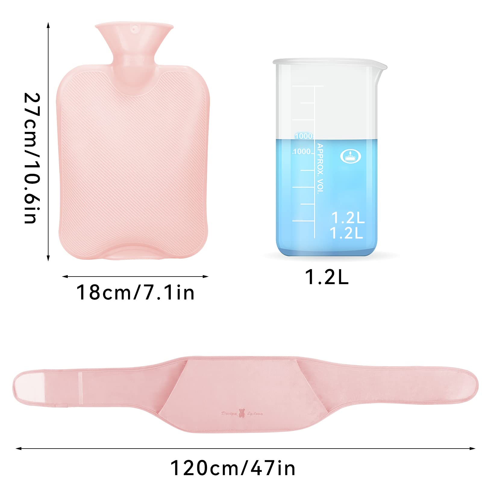 Botella de Agua Caliente 3 In 1, Bolsa de Agua Caliente de Goma con Cubierta de Cintura Suave, Prueba de Fugas y Duradera, para Cuello y Hombro, Espalda, Piernas, Cintura Cálida (Rosa, 1.2L)