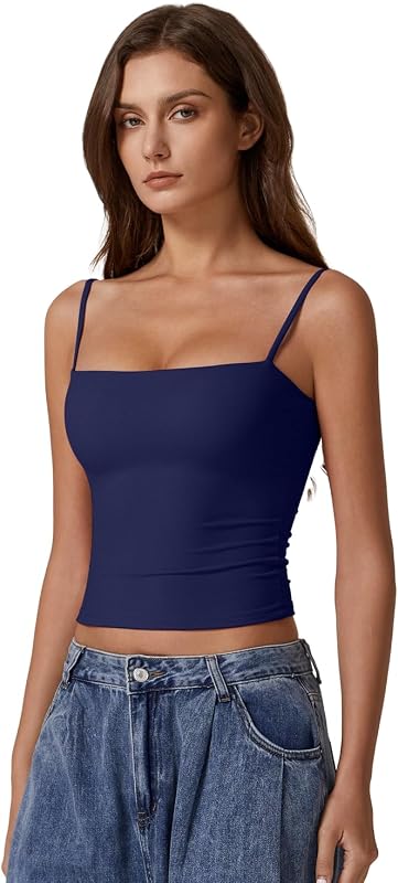 QINSEN Women's Square Neck Tank Top Adjustable Spaghetti Straps Sleeveless Basic Cami Shirts Estate Blue M image 3