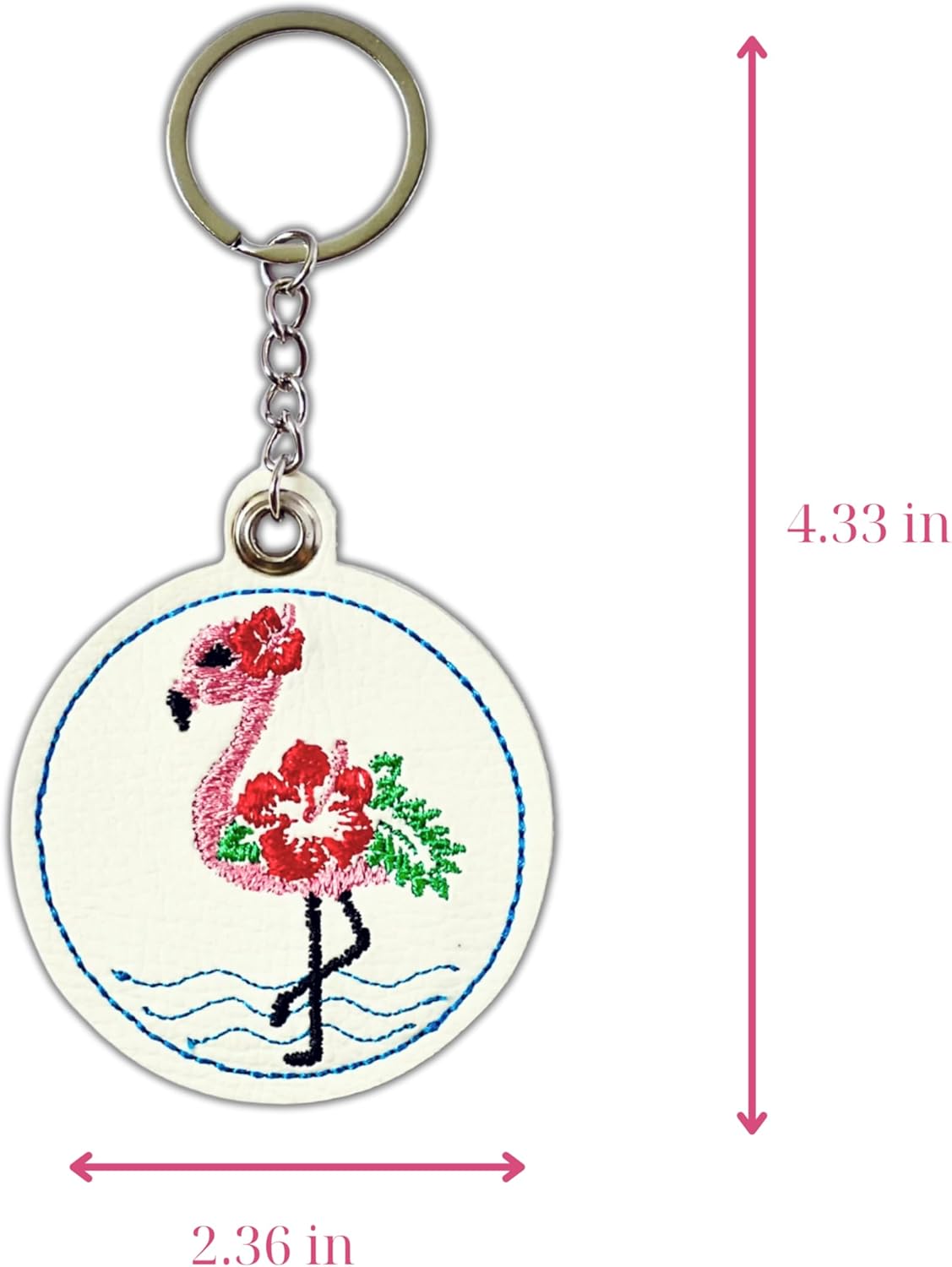 Flamingo Hibiscus Keychain – Handmade Embroidered White PU Leather Bag Charm, Tropical Flower Keychain for Women, Cute Flamingo Purse Charm, Summer Hawaiian Gift Idea - Image 3