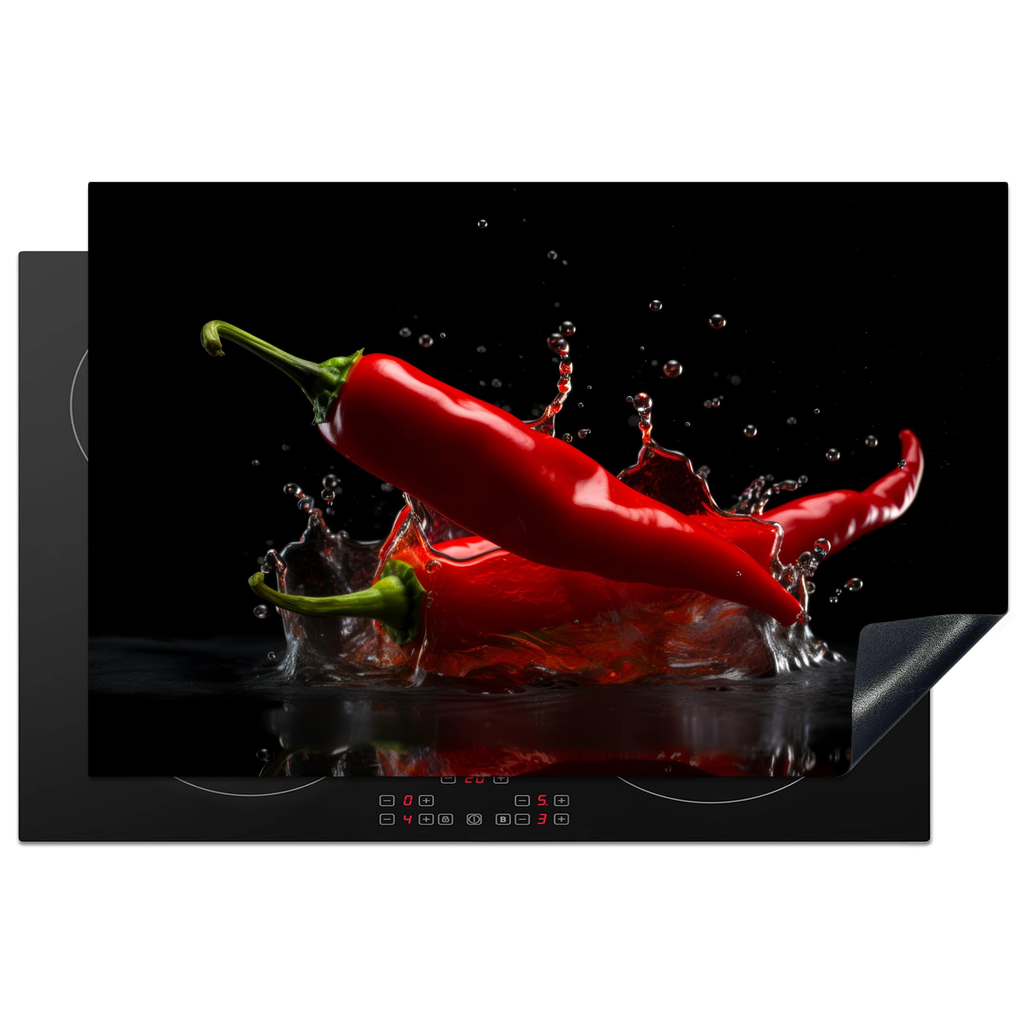 KitchenYeah© Induction Hob Protector Mat 20.5"x31.5" / 80x52 cm Stove Cap Top Cover Kitchen Cooker Covers for Electric Hobs Vinyl Pepper - Red - Black - Water - Vegetable — image 1
