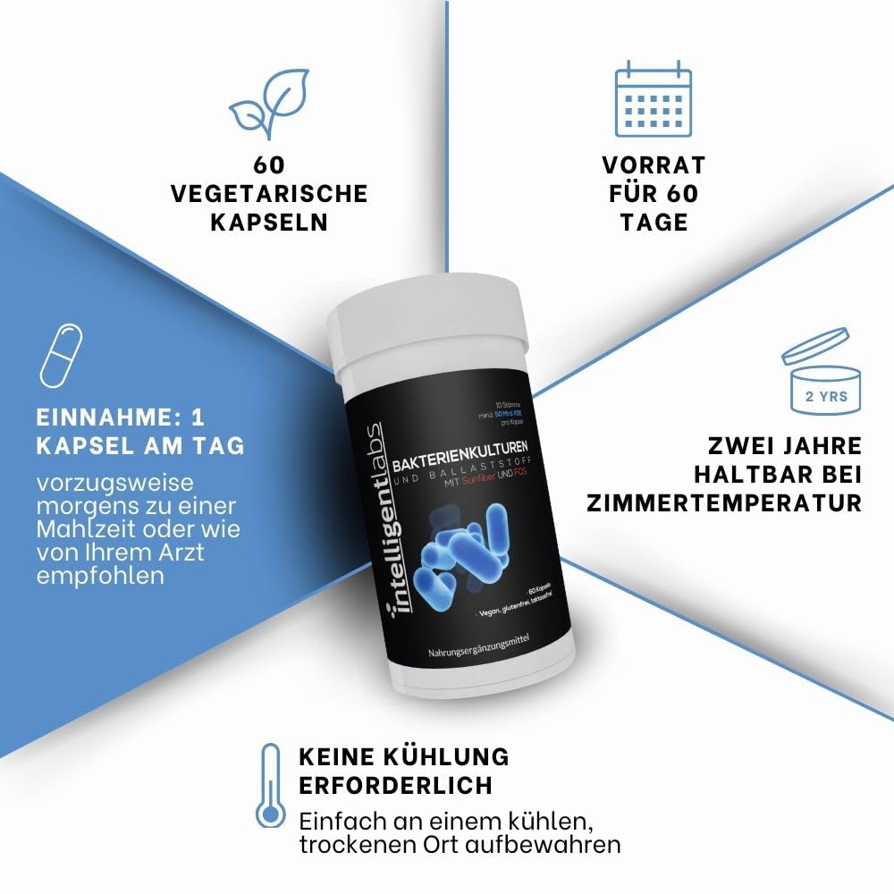 Intelligent Labs 50 Milliarden KBE Probiotikum mit Präbiotika, keine Kühlung erforderlich, mit Sunfiber und FOS für 10x mehr Effektivität, Vorrat für 60 Tage