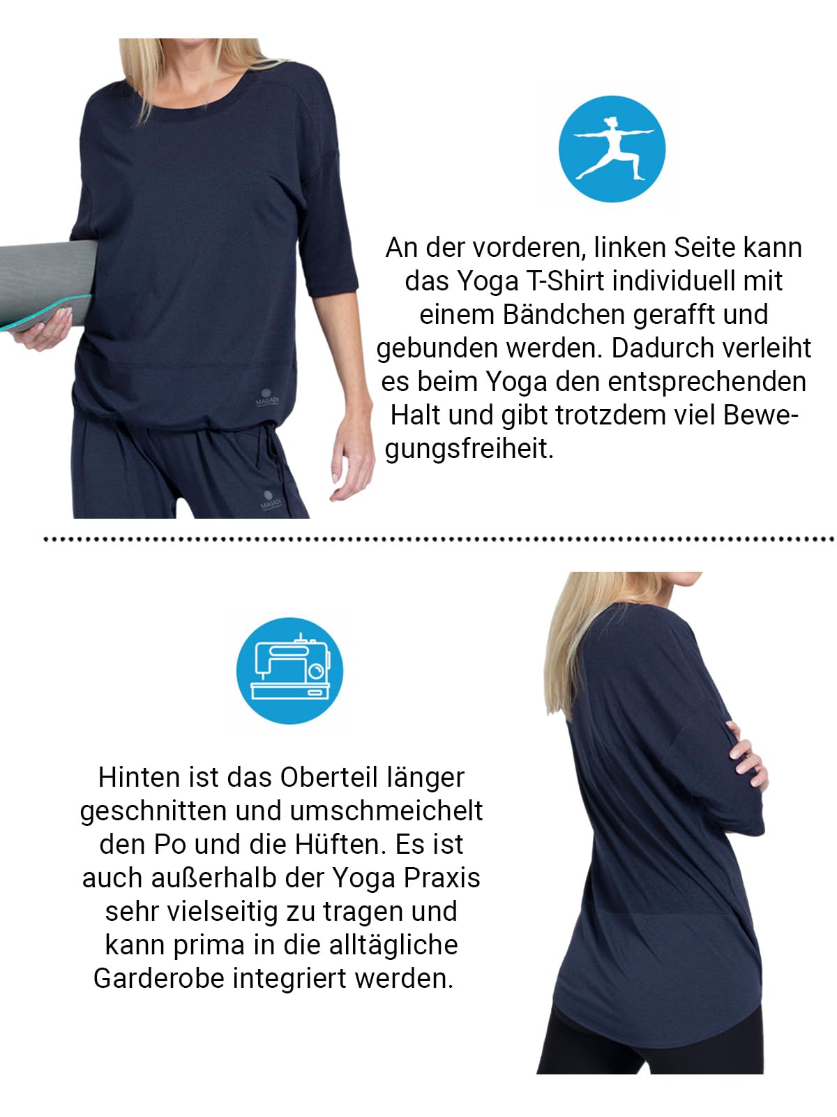 Magadi Maglietta da yoga Sara Aqua da donna in cotone biologico, da donna, top sportivo per yoga, pilates, palestra, sostenibile ed equo, blu navy, XS - XL
