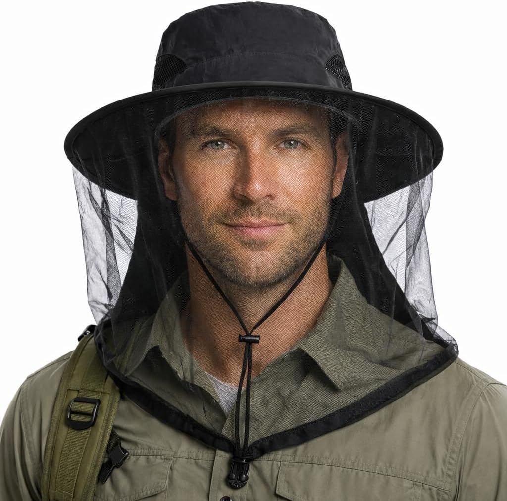 Mosquito Net Hat UPF 50+ Sun Protection, Beekeeper Hat with Stowable Neck Flap, Lightweight Outdoor Fishing Hiking Camping Gardening Bug Shield for Men & Women Black