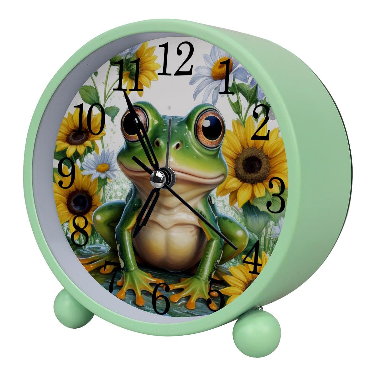 Luoweisi Alarm Clock Frog Flowers, Silent Non-Ticking with Night Light, Round Metal Alarm Clock for Office, Battery Operated, Bedroom, Elderly, Adults, Children, Student Gifts