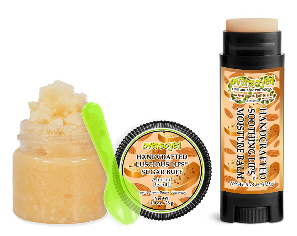 Almond Biscotti Soothing & Luscious Lips by OverSoyed Exfoliator & Chapped Lip Repair Lip Care Combo | Artisan Handcrafted to Order Anise Ginger Caramel Flavored Exfoliating Sugar Lip Scrub & Lip Moisturizer Balm Gift Set