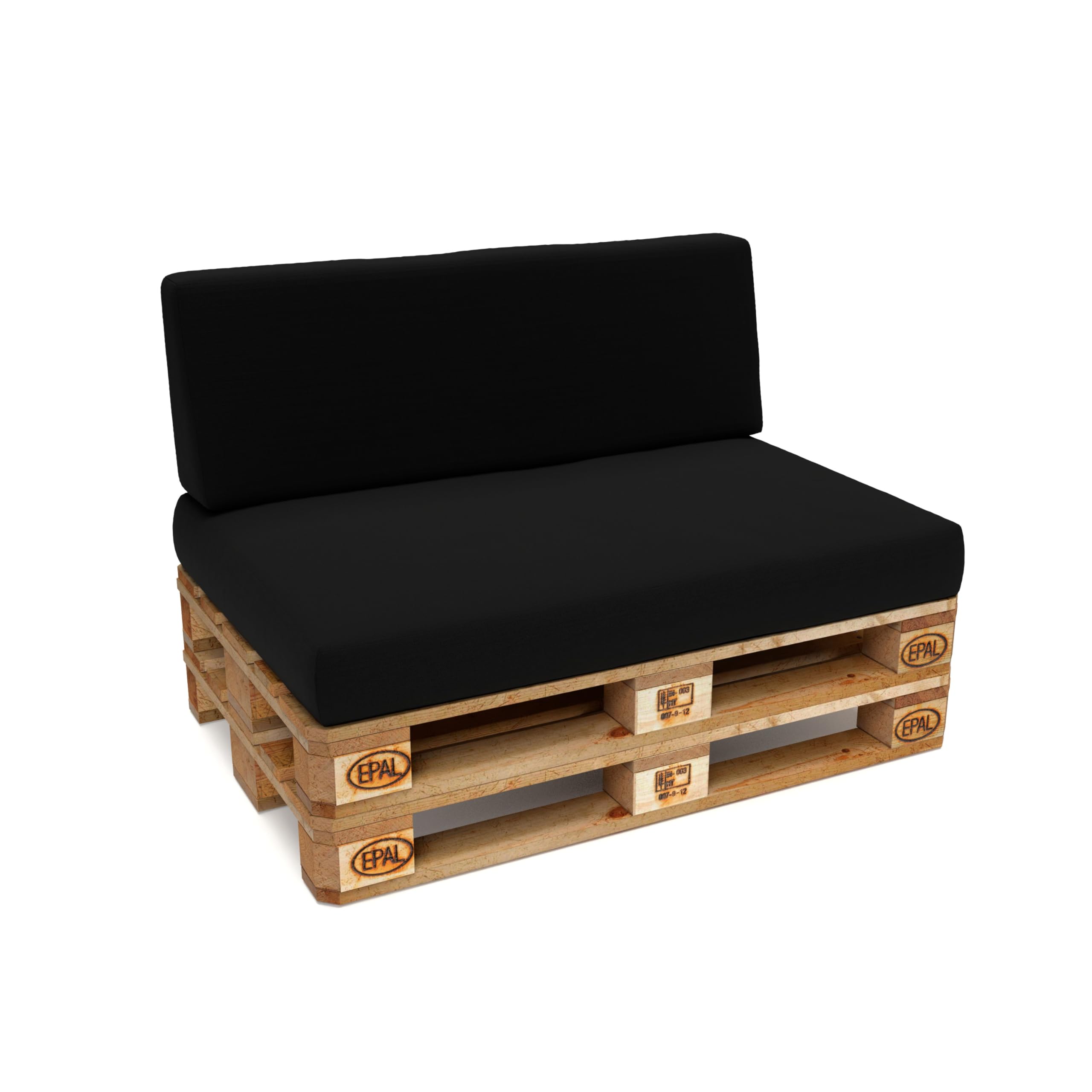 POKAR 2 Cojines para Europalés/Europalet Resistente al Agua: 1x Cojín-Asiento 120x80x12cm +1x Cojín-Respaldo 120x40x12cm, Espuma Fría, para Sofá de Paletas, sin Palés, Negro