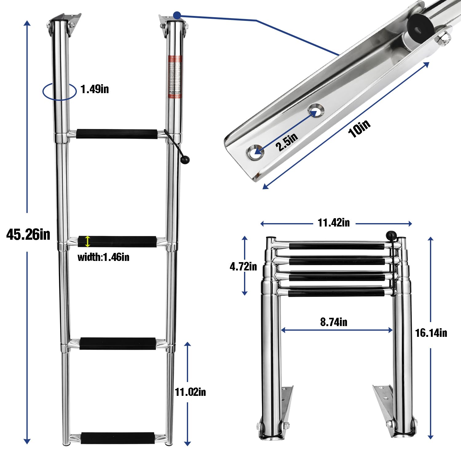SeaLux Marine Deluxe Extra Drop Down 4-Step Slide Under Platform Mount Boarding Ladder With Retaining - View #4