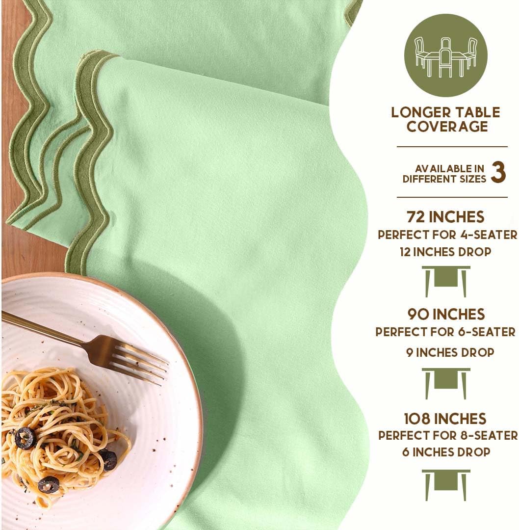 Folkulture Table Runner 108 inches Long, Spring Table Runner - Scalloped Sage Green Spring Decor, Marriage, Baby Shower Decorations - House Warming Gifts New Home Essentials, 100% Cotton