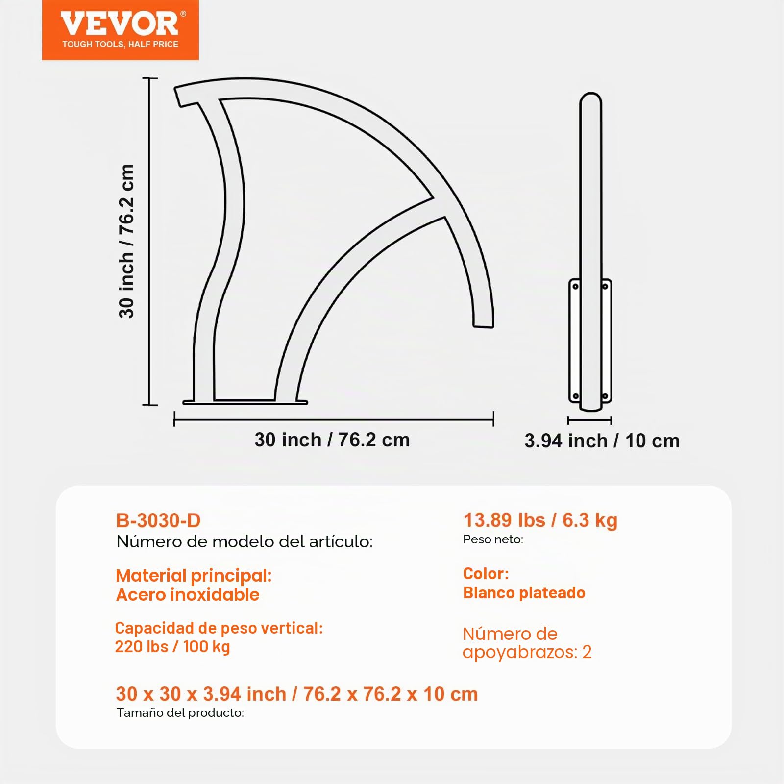 VEVOR Barandilla para Piscina 762x762 mm Pasamanos para Piscina de Acero Inoxidable con Placa Base 2 Piezas Barra de Seguridad Antioxidante para Piscinas, Interiores, Exteriores, Terrazas, Spas