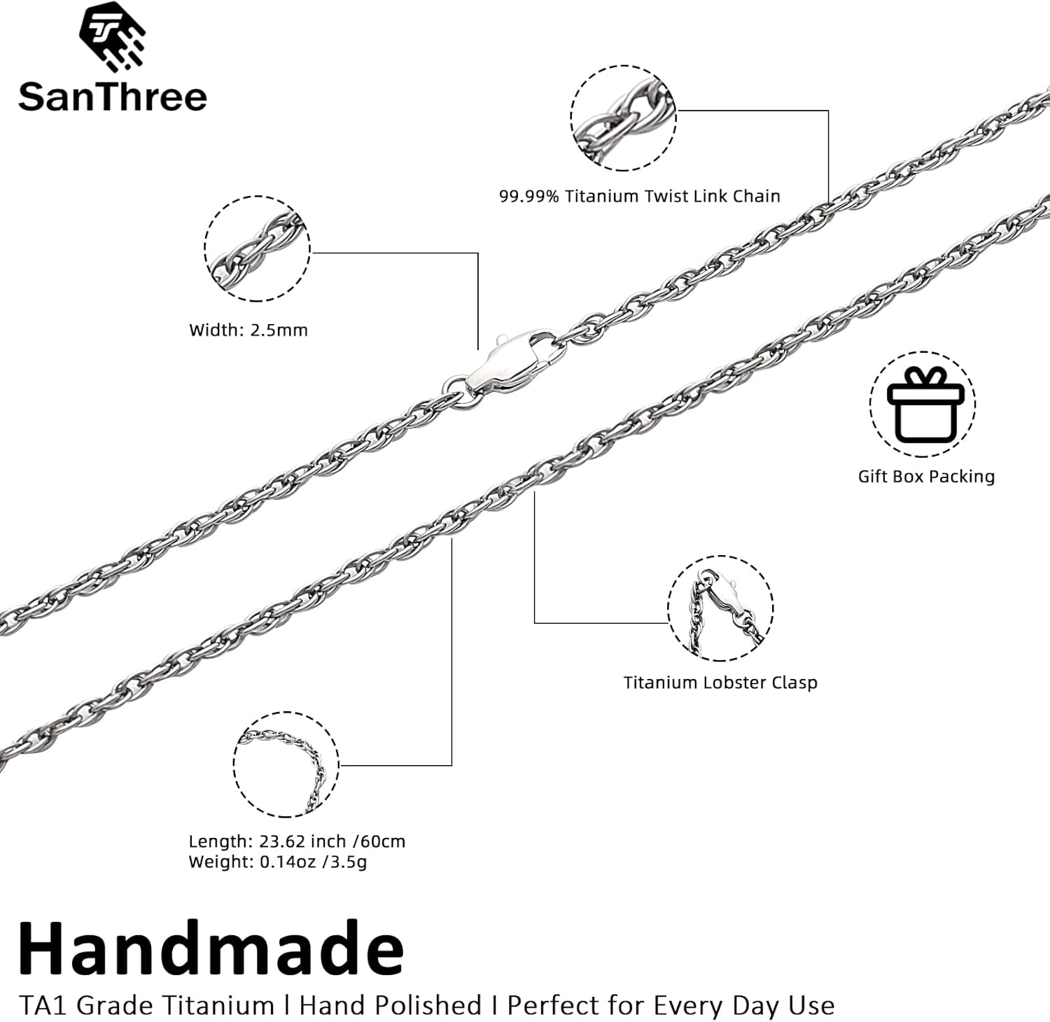 SanThree 2.5mm Pure Titanium Twist Chain Necklace for Women & Men Sensitive Skin, Welded Skin Friendly Link Chains Jewelry Gifts for Birthday Graduation Christmas Anniversaries Valentines Day, 23.62”