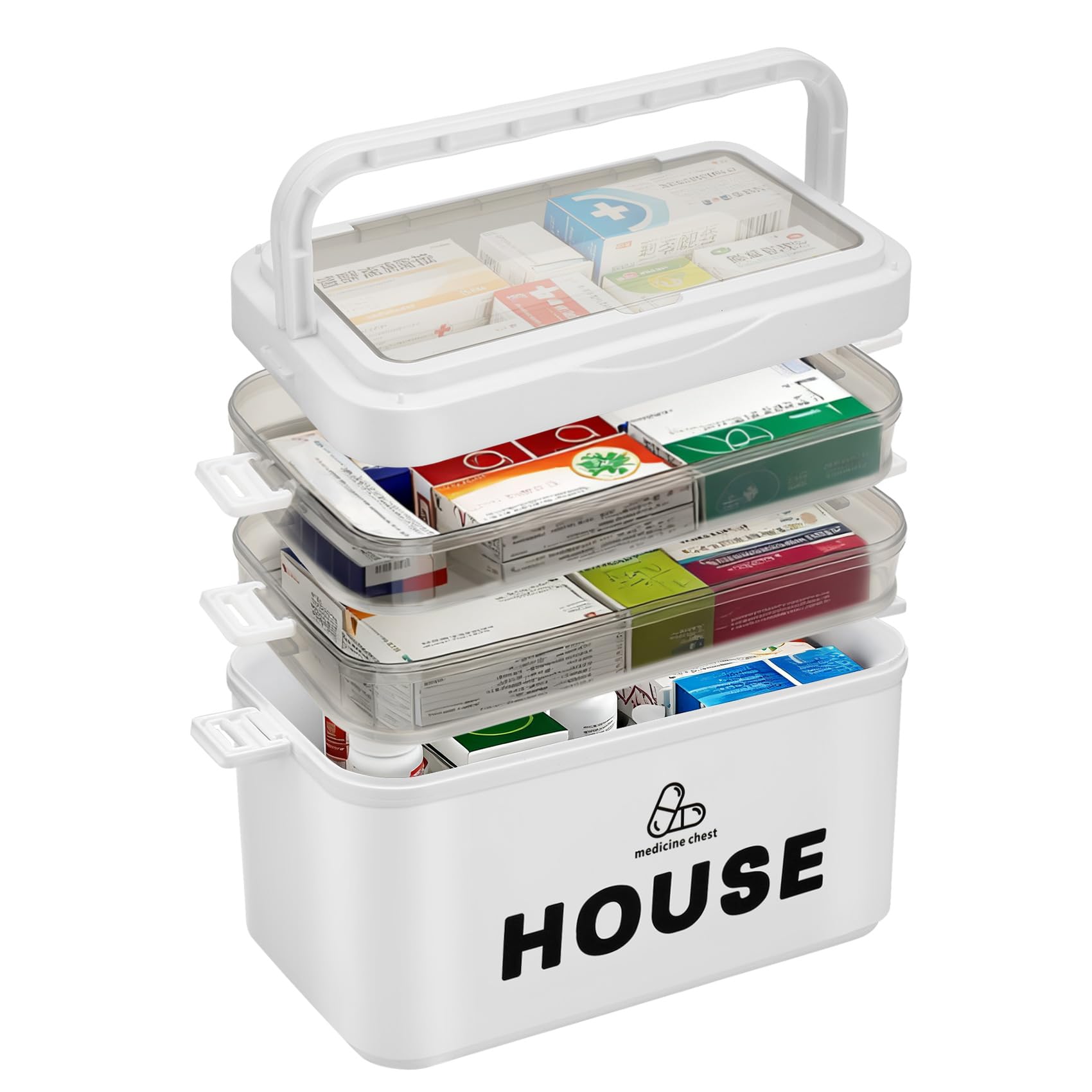 Clickinline White Medicine Storage Box,Large 4-Layer Boxes,Portable Medicine Boxes With Lid,Multi-Grid Household Medical Organiser Container For Home Cabinet Travel Car School