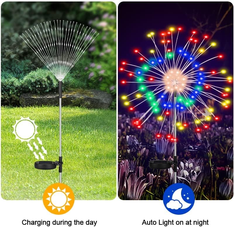 2 Pack Solar Garden Decorative Flowers Firework Lights Outdoor, 150 LED 8 Lighting Modes Color Changing Waterproof Landscape Stake Light for Garden Patio Yard Pathway Lawn Party Decor(Multi-Color)