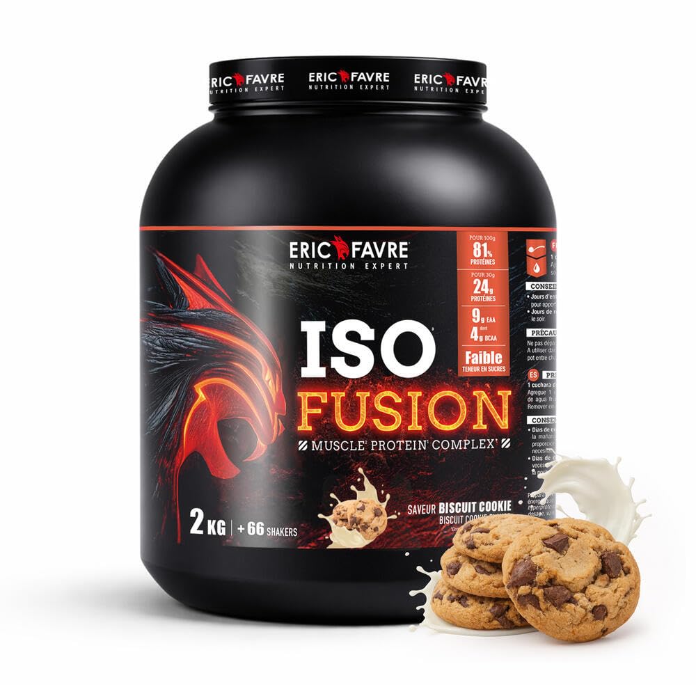 ISO FUSION - 81% de protéines, 9g d’EAA dont 4g de BCAA par shaker - Complexe 5 sources - Haute Digestibilité & Absorption - Faible en Sucres - 2kg - Saveur Cookie - Eric Favre