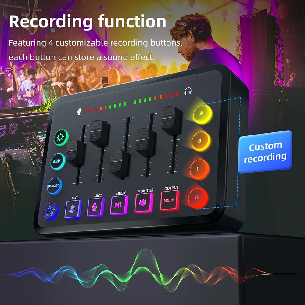 Mezclador de audio for juegos con cambiador de voz, mezclador de PC RGB con interfaz de micrófono XLR