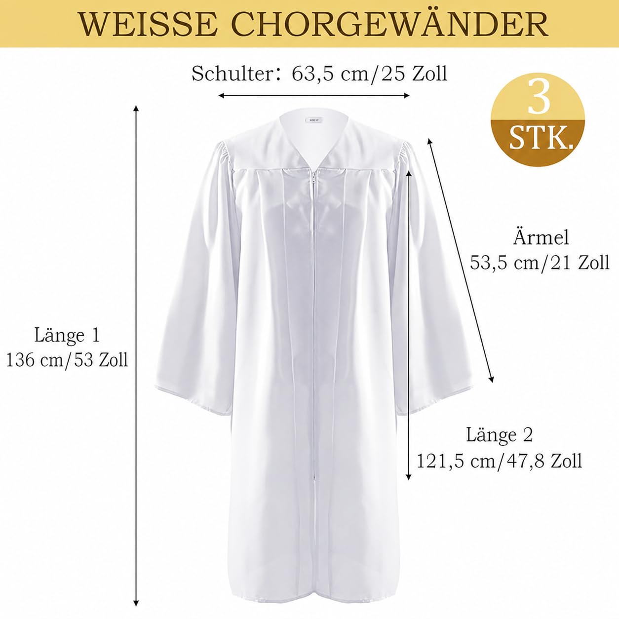 3er-Pack Weiße Chorrobe Taufen für Erwachsene, Unisex Priester Gewand Kostüm, Herren Damen Richter Messdiener Taufen Kleidung für Kirche Klerus, Graduation Gown, Größe 54