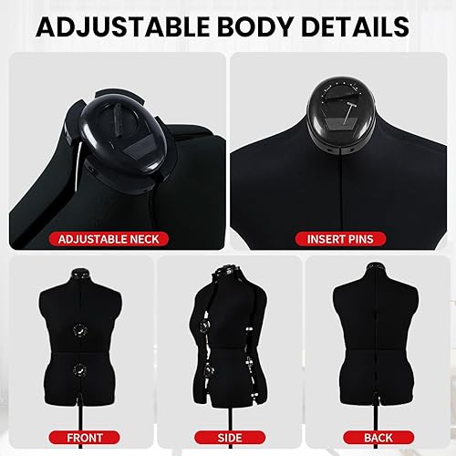 Miniatura 4 de PDM WORLDWIDE Maniquí Ajustable para Vestidos Negro, Forma de Cuerpo Femenino de Talla 12-18, para Costura, Forma de Cuerpo con 13 Diales y Ruedas