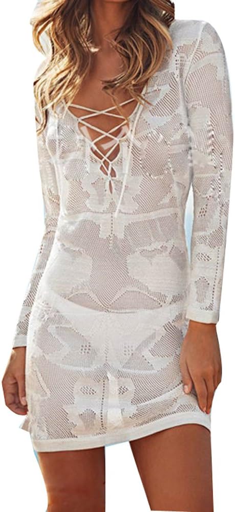 Women's Deep V Neck Lace Hollow Crochet Swimwear Bikini Cover Up Beach Dress(White)
