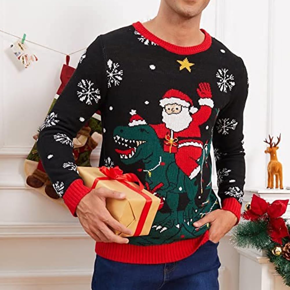 Bseical Weihnachtspullover Herren Lustig Hässliche, Ugly Christmas Sweater, Xmas Strick Pullover Dino Weihnachtsmann Sweatshirt Lange Ärmel