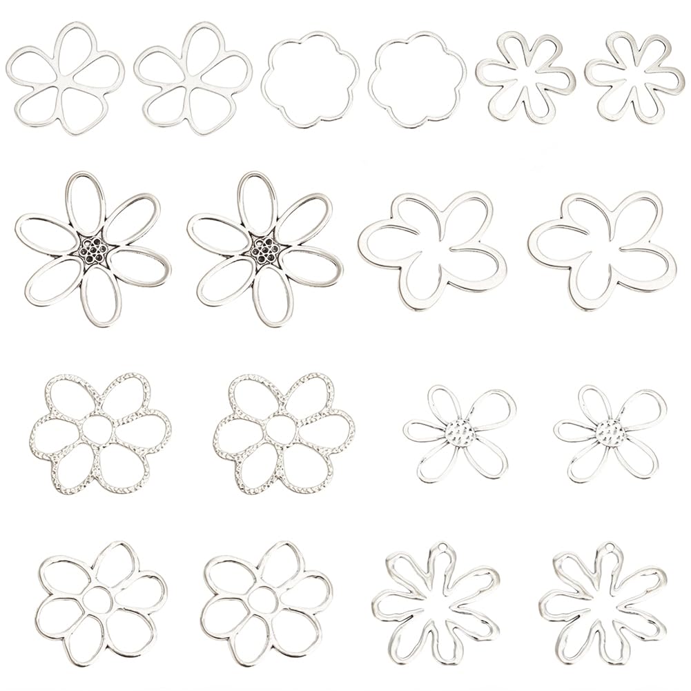 GOMAKERER 18Pcs 9 Styles Hollow Flowers Charms, Tibetan Silver Flower Charms Alloy Open Back Bezel Frame Pendants Metal Flower Charm Beads for Jewelry Making Valentine's Day Craft Supplies