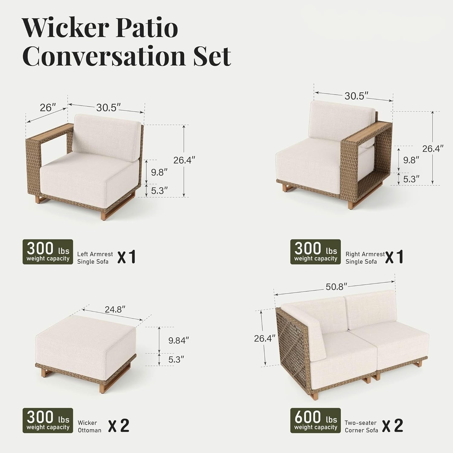 8 Pieces Outdoor Patio Furniture Set Wicker Rattan Modular Patio Sofa Couch Sectional Outdoor Conversation Sets with 10" Extra Thick Cushions for Deck Backyard Lawn
