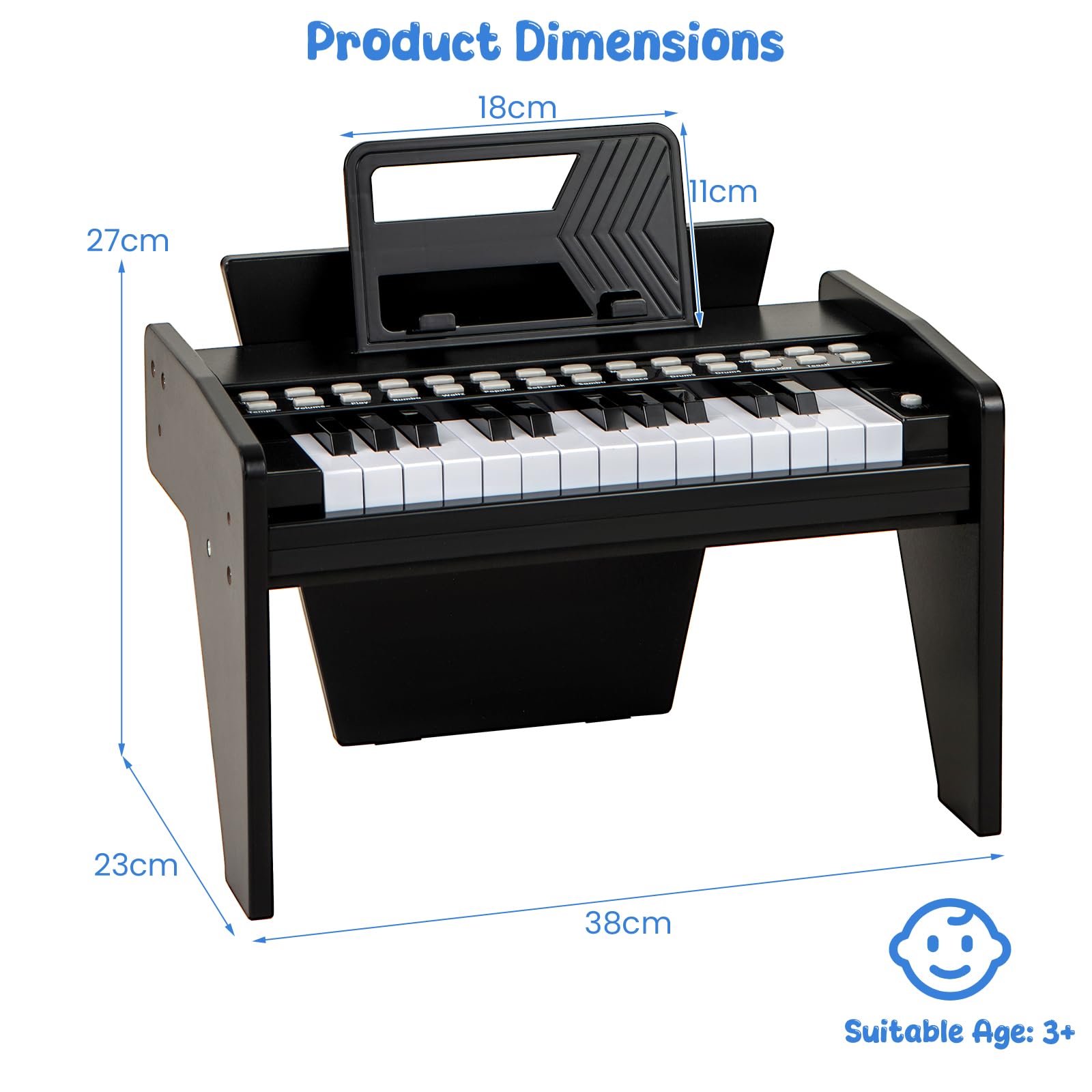 KOMFOTTEU Tastiera a 25 tasti per bambini, pianoforte elettronico con tasto luminoso e leggio, pianoforte digitale per bambini di 18+ mesi, registrazione e lettura, modalità di apprendimento (nero)