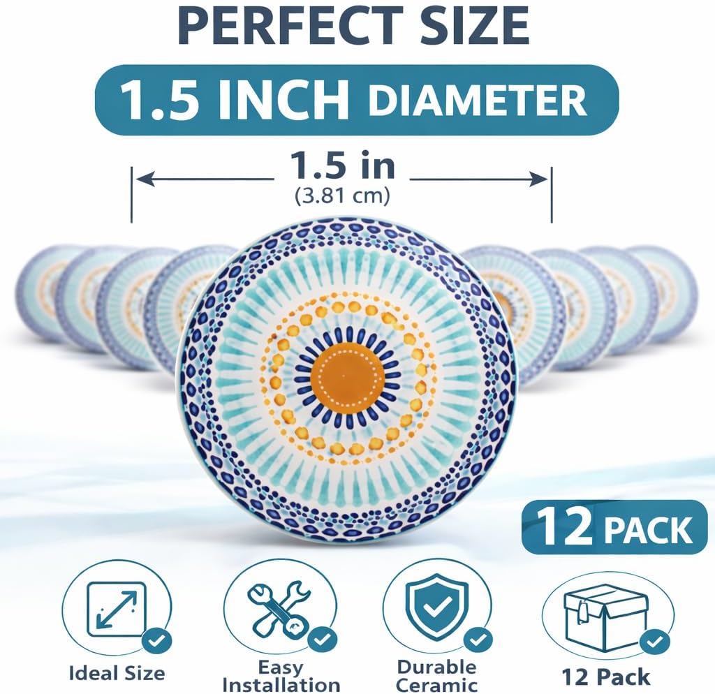 Mandala Style Ceramic Drawer Knobs 1.5 Inch – Blue Floral Cabinet Knobs for Kitchen, Dresser, Wardrobe & Cupboard, Decorative Round Pull Handles with Metal Fitting (Pack of 12)