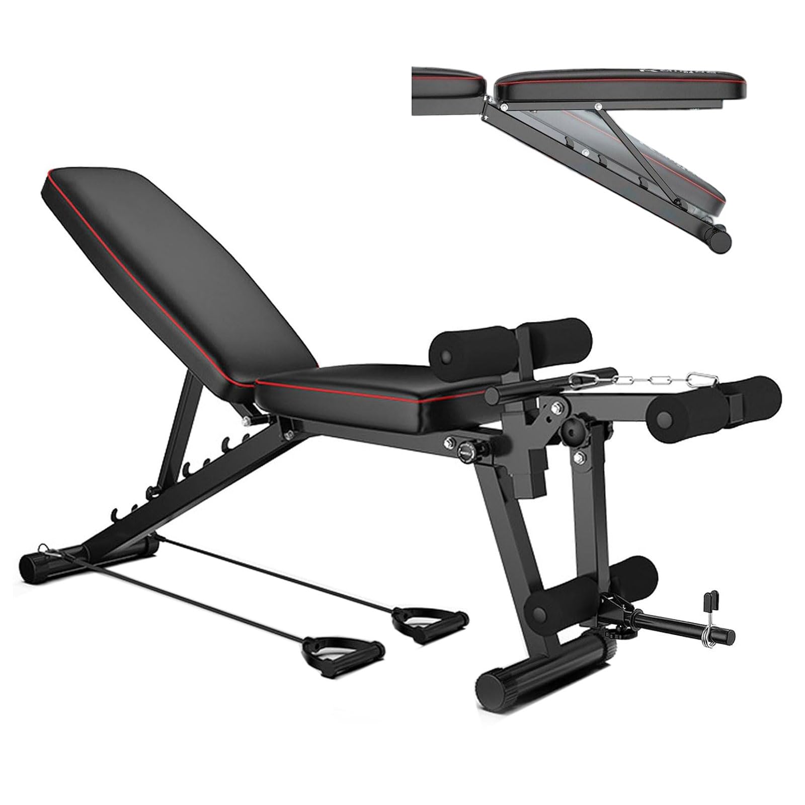 Banco de Pesas Banco Abdominales Ajustable, Banco de Musculación Multifuncional con 2 Bandas de Entrenamiento, Banco Gimnasio, Ideal para Entrenamiento en CasaBlack,48 * 162 * 111CM