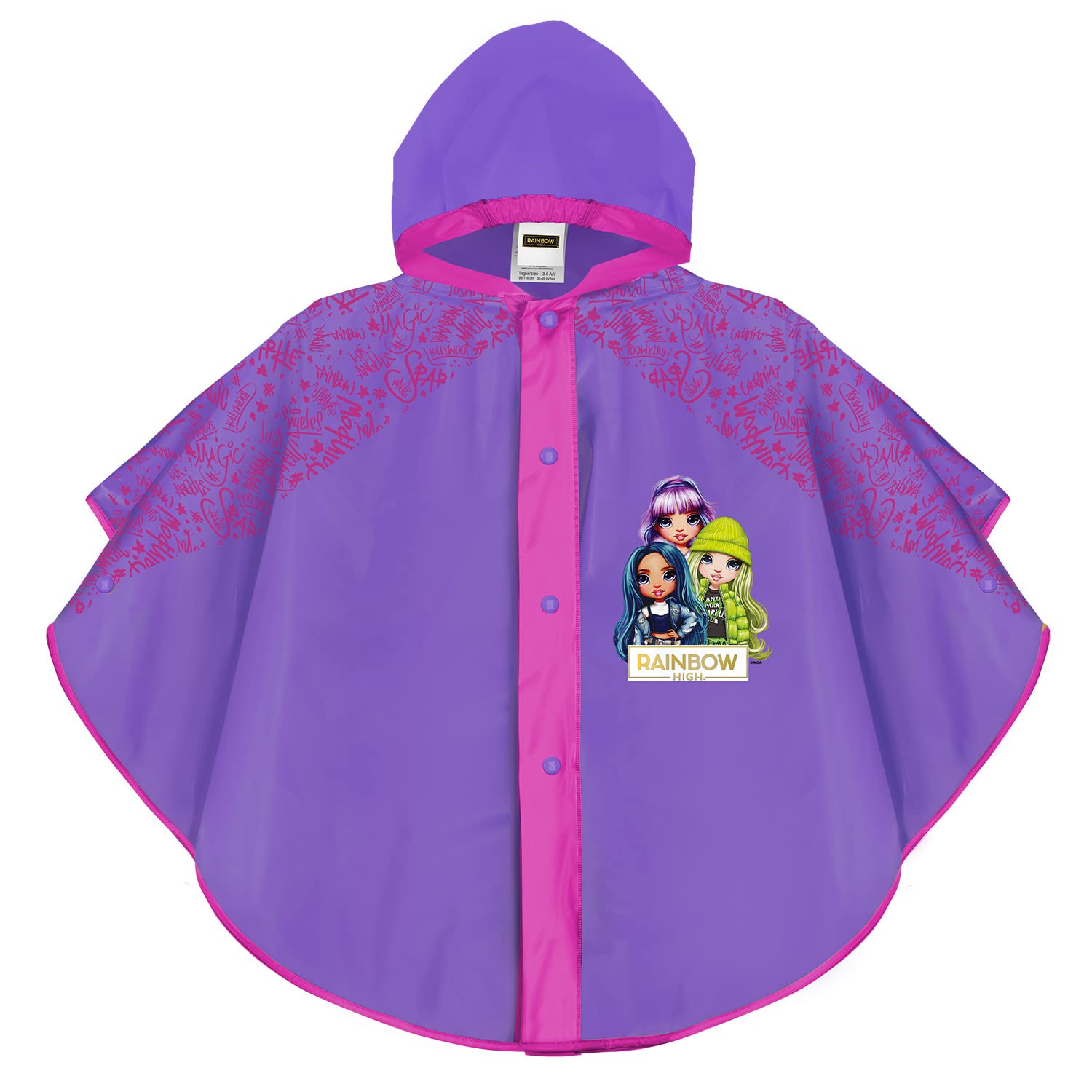 PERLETTI Poncho Niña para Lluvia Rainbow High 3 4 5 6 años - Chubasquero Infantil Muñecas de Color Violeta y Detalles Fucsia - Impermeable para Pequeñas con Capucha y Botones a Presión