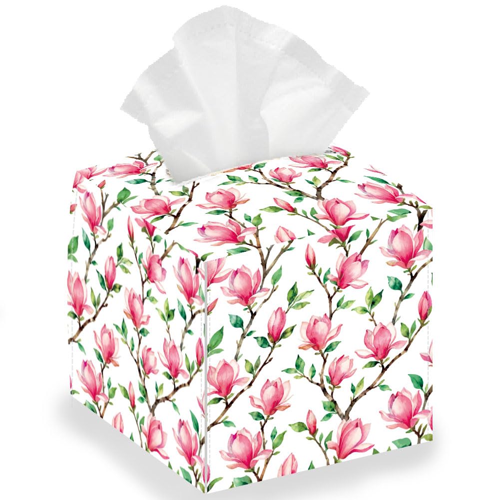 DELORIGIN Magnolia Tissue Box Holder Leather Square Foldable Facial Paper Decorative Flower Tissue Box Cover Paper Towel Case Container Organizer for Tabletop Bathroom Home Car Office